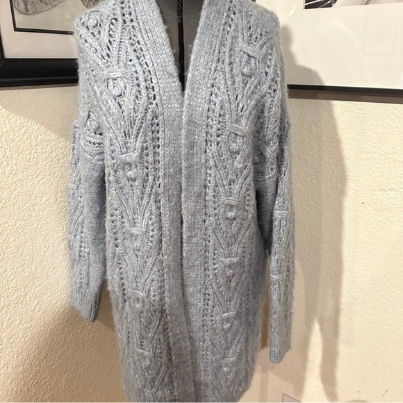 ANTHROPOLOGIE Blue Chunky Cable Knit Longline Open Front Cardigan Sweater Small - Picture 3 of 10